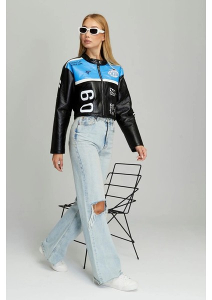 Kadın Puf Deri Oversize Baskılı Motorcu Montu Şeritli Fermuarlı Yarışçı Ceketi Bomber Kolej Mont