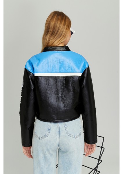 Kadın Puf Deri Oversize Baskılı Motorcu Montu Şeritli Fermuarlı Yarışçı Ceketi Bomber Kolej Mont