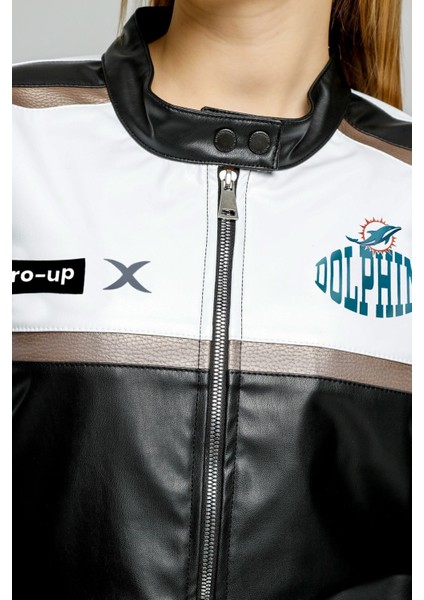 Kadın Oversize Baskılı Deri Şeritli Motorcu Montu Kısa Fermuarlı Yarışçı Ceketi Bomber Kolej Mont indirimleri