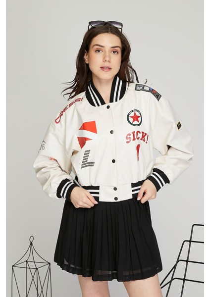 Kadın Baskılı Kolej Mont Bomber Ceket Deri Mont Oversize Deri Biker Yarışçı Motorcu Deri Ceket