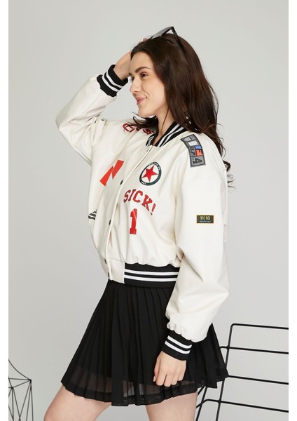 Kadın Baskılı Kolej Mont Bomber Ceket Deri Mont Oversize Deri Biker Yarışçı Motorcu Deri Ceket modelleri