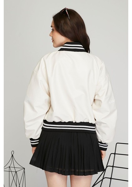 Kadın Baskılı Kolej Mont Bomber Ceket Deri Mont Oversize Deri Biker Yarışçı Motorcu Deri Ceket fırsatları