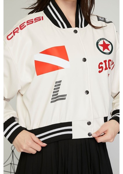 Kadın Baskılı Kolej Mont Bomber Ceket Deri Mont Oversize Deri Biker Yarışçı Motorcu Deri Ceket indirimleri