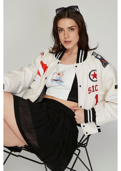 Kadın Baskılı Kolej Mont Bomber Ceket Deri Mont Oversize Deri Biker Yarışçı Motorcu Deri Ceket