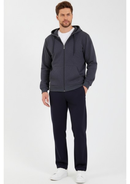 Antrasit Kapüşonlu Regular Fit Hırka Düz Paça Erkek Eşofman Takımı