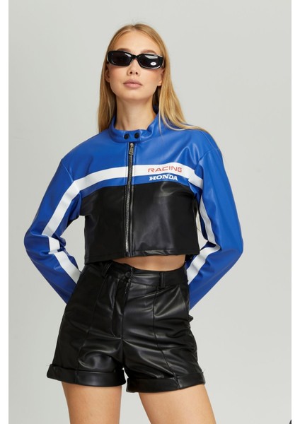 Kadın Kısa Oversize Baskılı Motorcu Ceketi Fermuarlı Kolej Mont Bomber Deri Yarışçı Montu