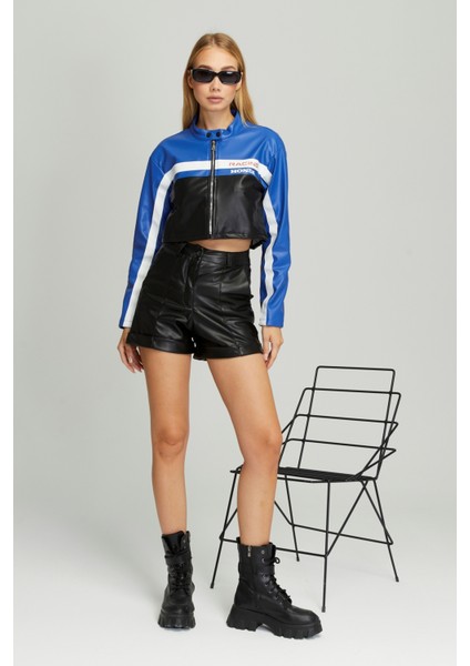 Kadın Kısa Oversize Baskılı Motorcu Ceketi Fermuarlı Kolej Mont Bomber Deri Yarışçı Montu fiyatları