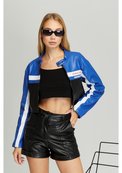 Kadın Kısa Oversize Baskılı Motorcu Ceketi Fermuarlı Kolej Mont Bomber Deri Yarışçı Montu indirimleri