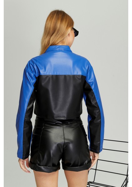 Kadın Kısa Oversize Baskılı Motorcu Ceketi Fermuarlı Kolej Mont Bomber Deri Yarışçı Montu