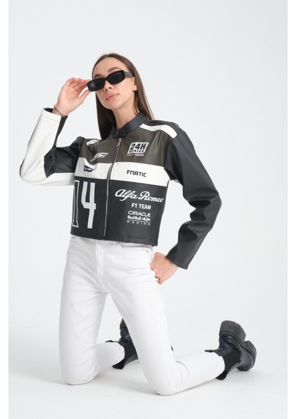 Kadın Oversize Baskılı Deri Şeritli Motorcu Montu Garnili Fermuarlı Yarışçı Ceketi Bomber Kolej Mont