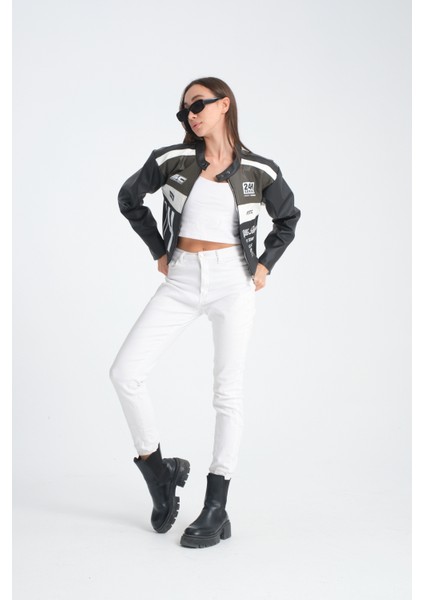 Kadın Oversize Baskılı Deri Şeritli Motorcu Montu Garnili Fermuarlı Yarışçı Ceketi Bomber Kolej Mont fiyatları