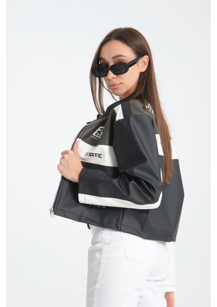 Kadın Oversize Baskılı Deri Şeritli Motorcu Montu Garnili Fermuarlı Yarışçı Ceketi Bomber Kolej Mont modelleri