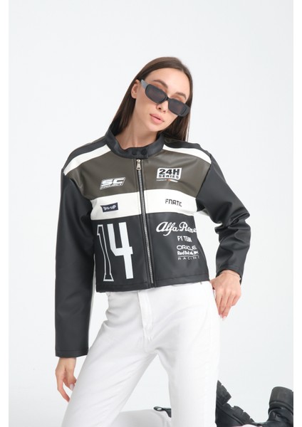 Kadın Oversize Baskılı Deri Şeritli Motorcu Montu Garnili Fermuarlı Yarışçı Ceketi Bomber Kolej Mont fırsatları