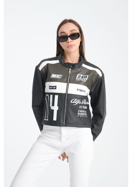 Kadın Oversize Baskılı Deri Şeritli Motorcu Montu Garnili Fermuarlı Yarışçı Ceketi Bomber Kolej Mont indirimleri