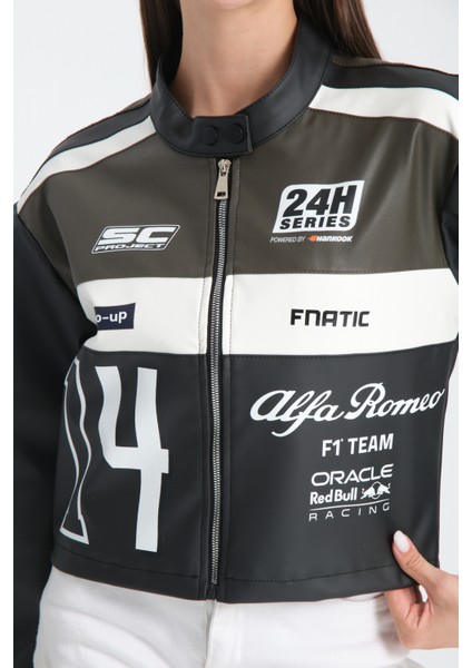 Kadın Oversize Baskılı Deri Şeritli Motorcu Montu Garnili Fermuarlı Yarışçı Ceketi Bomber Kolej Mont