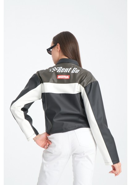 Kadın Oversize Baskılı Deri Şeritli Motorcu Montu Garnili Fermuarlı Yarışçı Ceketi Bomber Kolej Mont