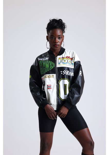 Kadın Oversize Baskılı Deri Motorcu Montu Fermuarlı Yarışçı Mont Astarlı Bomber Kolej Mont