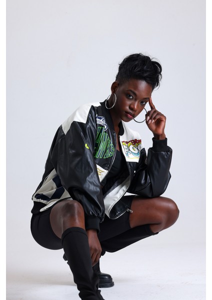 Kadın Oversize Baskılı Deri Motorcu Montu Fermuarlı Yarışçı Mont Astarlı Bomber Kolej Mont fiyatları