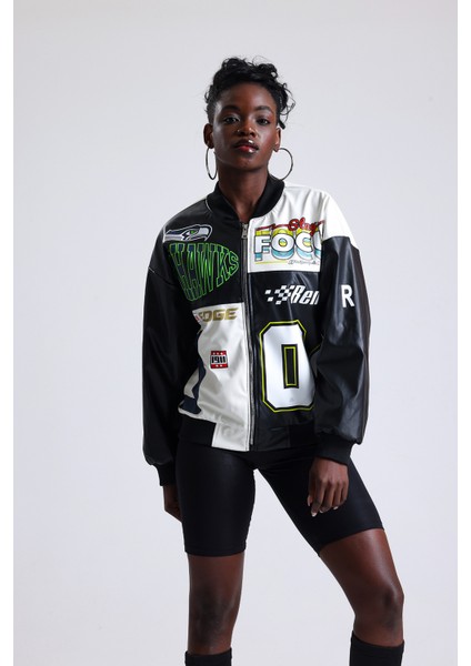 Kadın Oversize Baskılı Deri Motorcu Montu Fermuarlı Yarışçı Mont Astarlı Bomber Kolej Mont modelleri