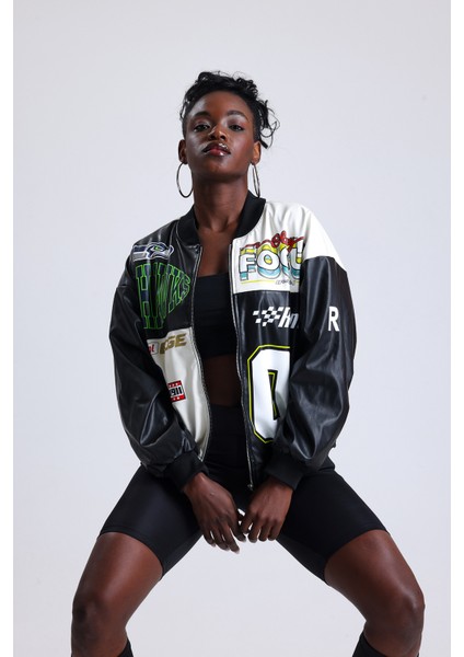 Kadın Oversize Baskılı Deri Motorcu Montu Fermuarlı Yarışçı Mont Astarlı Bomber Kolej Mont fırsatları