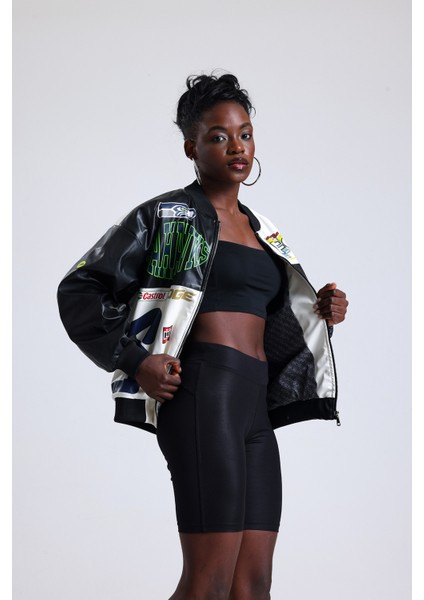 Kadın Oversize Baskılı Deri Motorcu Montu Fermuarlı Yarışçı Mont Astarlı Bomber Kolej Mont indirimleri