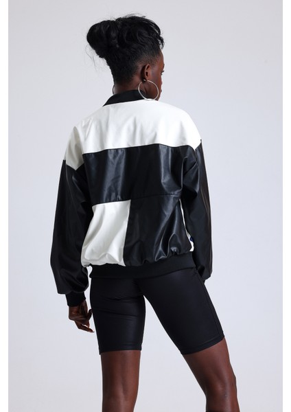 Kadın Oversize Baskılı Deri Motorcu Montu Fermuarlı Yarışçı Mont Astarlı Bomber Kolej Mont