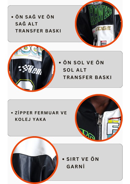 Kadın Oversize Baskılı Deri Motorcu Montu Fermuarlı Yarışçı Mont Astarlı Bomber Kolej Mont