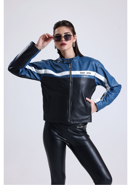 Kadın Oversize Baskılı Motorcu Ceketi Fermuarlı Kolej Mont Bomber Deri Yarışçı Montu Mavi