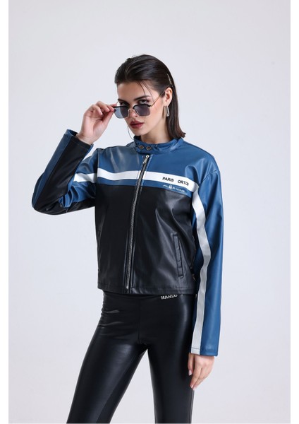 Kadın Oversize Baskılı Motorcu Ceketi Fermuarlı Kolej Mont Bomber Deri Yarışçı Montu Mavi fiyatları