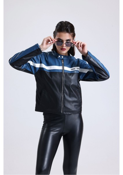 Kadın Oversize Baskılı Motorcu Ceketi Fermuarlı Kolej Mont Bomber Deri Yarışçı Montu Mavi modelleri