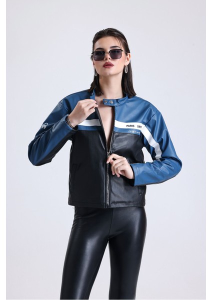 Kadın Oversize Baskılı Motorcu Ceketi Fermuarlı Kolej Mont Bomber Deri Yarışçı Montu Mavi indirimleri
