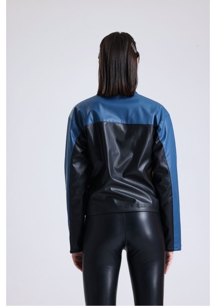 Kadın Oversize Baskılı Motorcu Ceketi Fermuarlı Kolej Mont Bomber Deri Yarışçı Montu Mavi