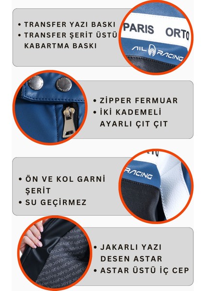 Kadın Oversize Baskılı Motorcu Ceketi Fermuarlı Kolej Mont Bomber Deri Yarışçı Montu Mavi