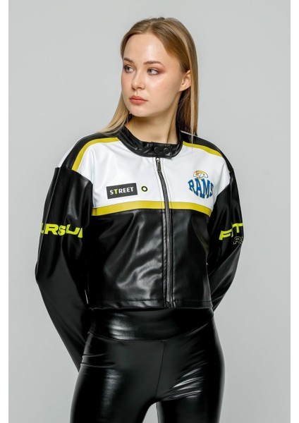 Kadın Oversize Baskılı Deri Şeritli Motorcu Montu Kısa Fermuarlı Yarışçı Ceketi Bomber Kolej Mont