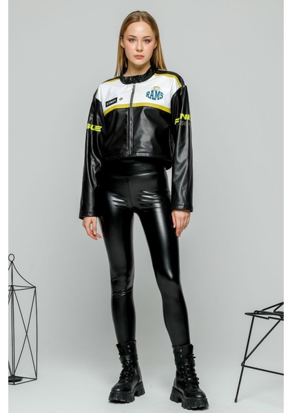 Kadın Oversize Baskılı Deri Şeritli Motorcu Montu Kısa Fermuarlı Yarışçı Ceketi Bomber Kolej Mont fiyatları