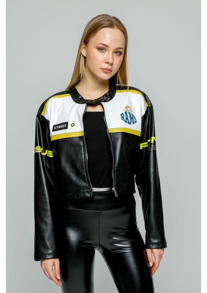 Kadın Oversize Baskılı Deri Şeritli Motorcu Montu Kısa Fermuarlı Yarışçı Ceketi Bomber Kolej Mont modelleri