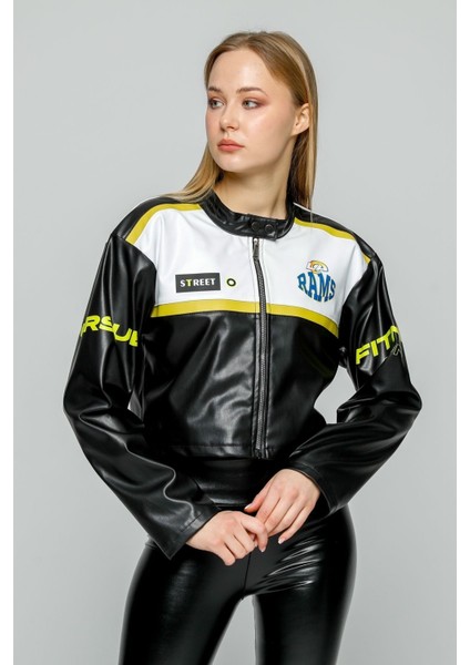 Kadın Oversize Baskılı Deri Şeritli Motorcu Montu Kısa Fermuarlı Yarışçı Ceketi Bomber Kolej Mont fırsatları