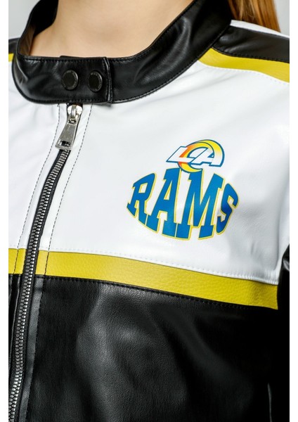 Kadın Oversize Baskılı Deri Şeritli Motorcu Montu Kısa Fermuarlı Yarışçı Ceketi Bomber Kolej Mont indirimleri