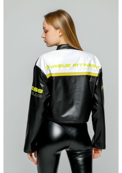 Kadın Oversize Baskılı Deri Şeritli Motorcu Montu Kısa Fermuarlı Yarışçı Ceketi Bomber Kolej Mont