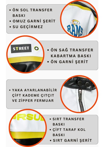 Kadın Oversize Baskılı Deri Şeritli Motorcu Montu Kısa Fermuarlı Yarışçı Ceketi Bomber Kolej Mont