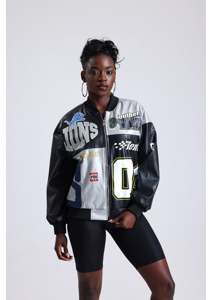 Kadın Oversize Baskılı Deri Motorcu Montu Fermuarlı Yarışçı Mont Astarlı Bomber Kolej Mont