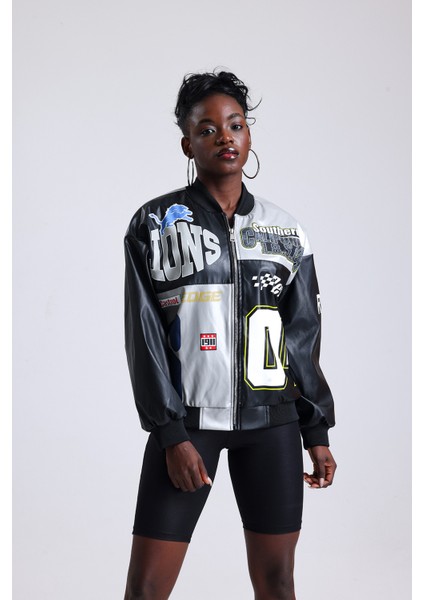 Kadın Oversize Baskılı Deri Motorcu Montu Fermuarlı Yarışçı Mont Astarlı Bomber Kolej Mont modelleri