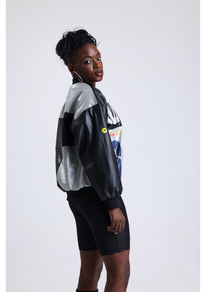 Kadın Oversize Baskılı Deri Motorcu Montu Fermuarlı Yarışçı Mont Astarlı Bomber Kolej Mont indirimleri