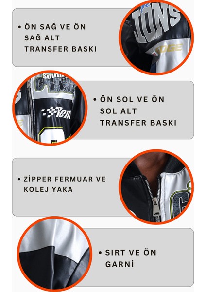 Kadın Oversize Baskılı Deri Motorcu Montu Fermuarlı Yarışçı Mont Astarlı Bomber Kolej Mont