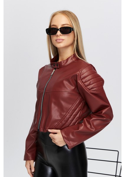 Kadın Oversize Fermuarlı Yaka Çıt Çıtlı Omuz ve Etek Dolgu Desenli Kolej Yarışçı Ceket Motorcu Mont