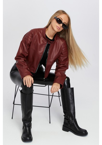 Kadın Oversize Fermuarlı Yaka Çıt Çıtlı Omuz ve Etek Dolgu Desenli Kolej Yarışçı Ceket Motorcu Mont