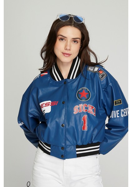 Kadın Baskılı Kolej Mont Bomber Ceket Deri Mont Oversize Deri Biker Yarışçı Motorcu Deri Ceket