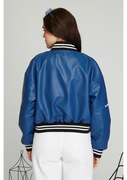 Kadın Baskılı Kolej Mont Bomber Ceket Deri Mont Oversize Deri Biker Yarışçı Motorcu Deri Ceket