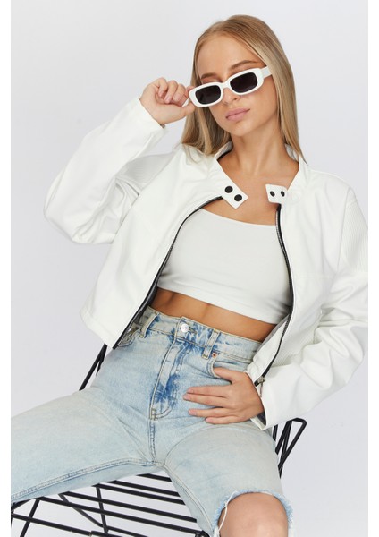 Kadın Oversize Fermuarlı Yaka Çıt Çıtlı Omuz ve Etek Beyaz Desenli Kolej Yarışçı Ceket Motorcu Mont