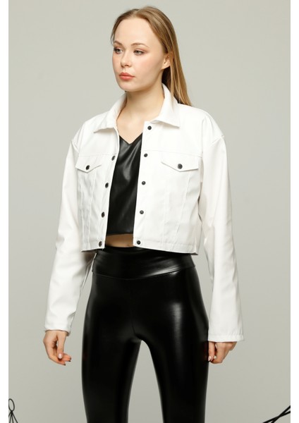 Kadın Oversize Kısa Çıt Çıt Kapamalı Deri Ceket Bomber Mont Kolej Deri Sahte Cep Detaylı Ceket